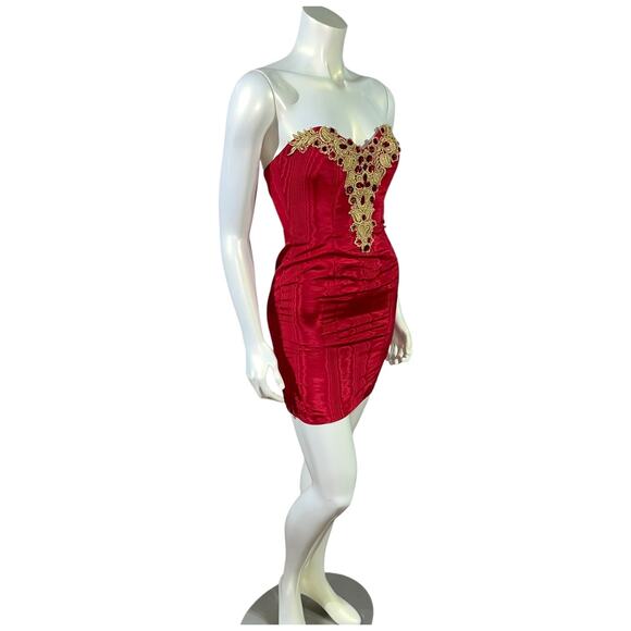 Jessica McClintock Gunne Sax Red Strapless Mini Dress with Gold Lace - Size 3/4 - Picture 15 of 16